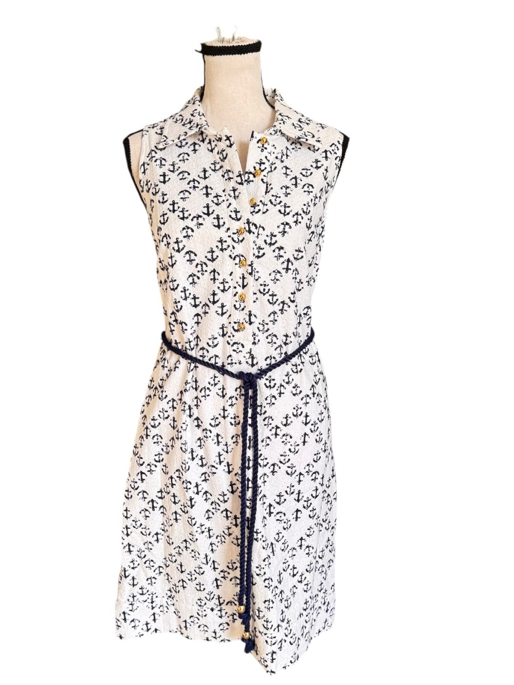 Vineyard Vines Anchor Print Shirt Dress White Navy Eyelet Rope Belt Size 4 NWOT - Picture 2 of 5